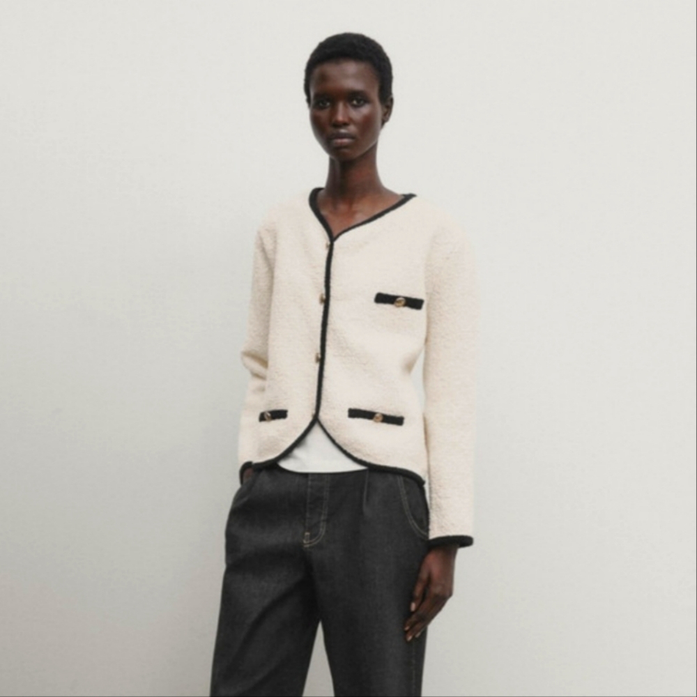 Massimo Dutti Textured Contrast Trim Knit Cardigann